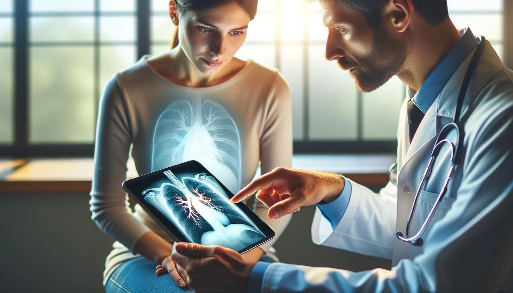 Médico joven enseñando a un paciente la radiografía de pulmones en una tablet, proporcionando una visión detallada de la condición respiratoria. La imagen destaca la importancia de la tecnología en el diagnóstico y tratamiento médico, y la comunicación efectiva entre doctor y paciente en un hospital. (Imagen ilustrativa Infobae)