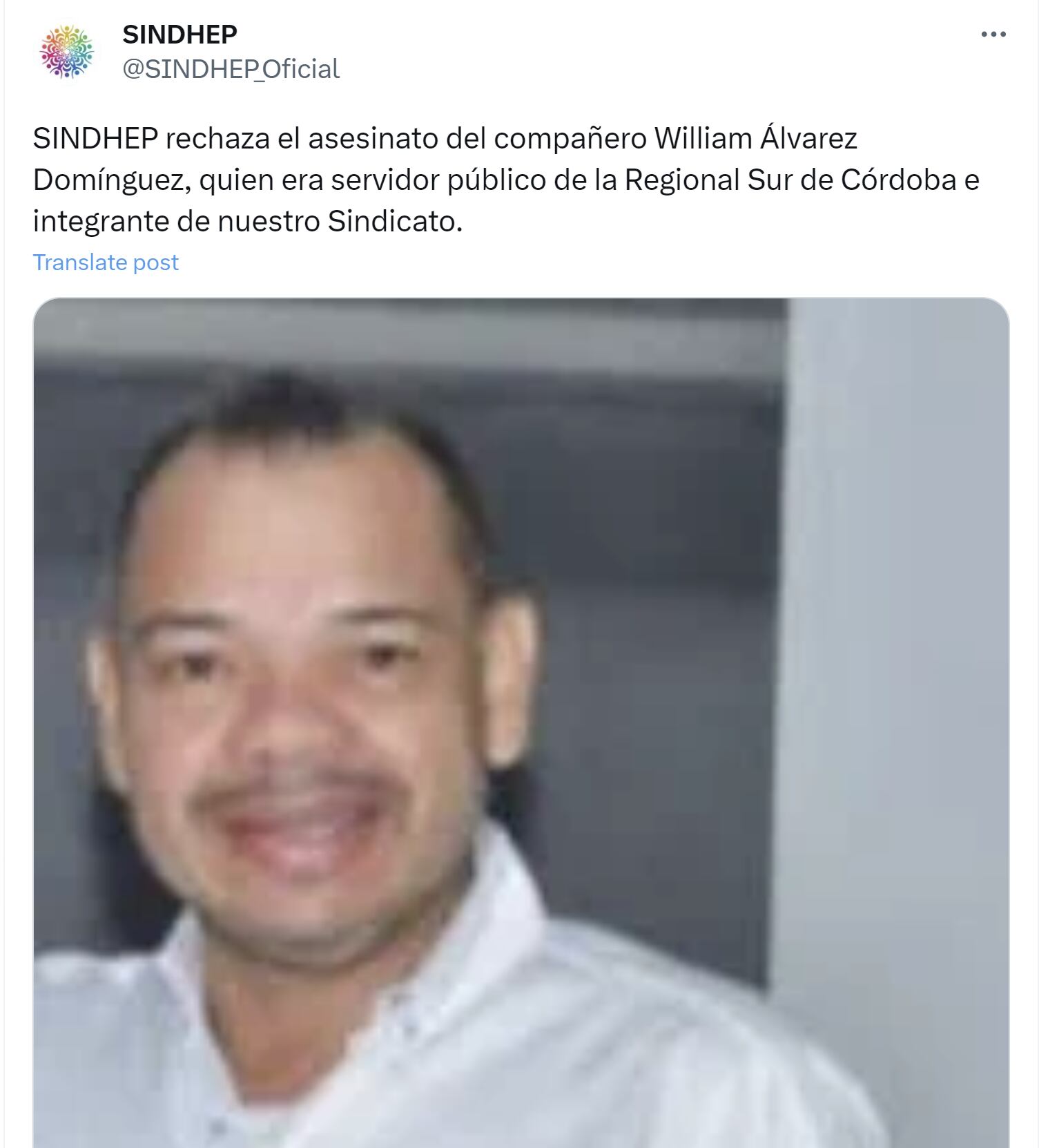El Sindhep indicó que William Álvarez fue asesinado - crédito Sindicato de Defensoras y Defensores de Derechos Humanos de la Defensoría del Pueblo/ X