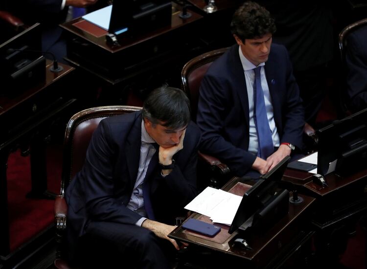 Los senadores Esteban Bullrich y Martín Lousteau, durante el debate en la Cámara Alta (REUTERS / Agustin Marcarian)