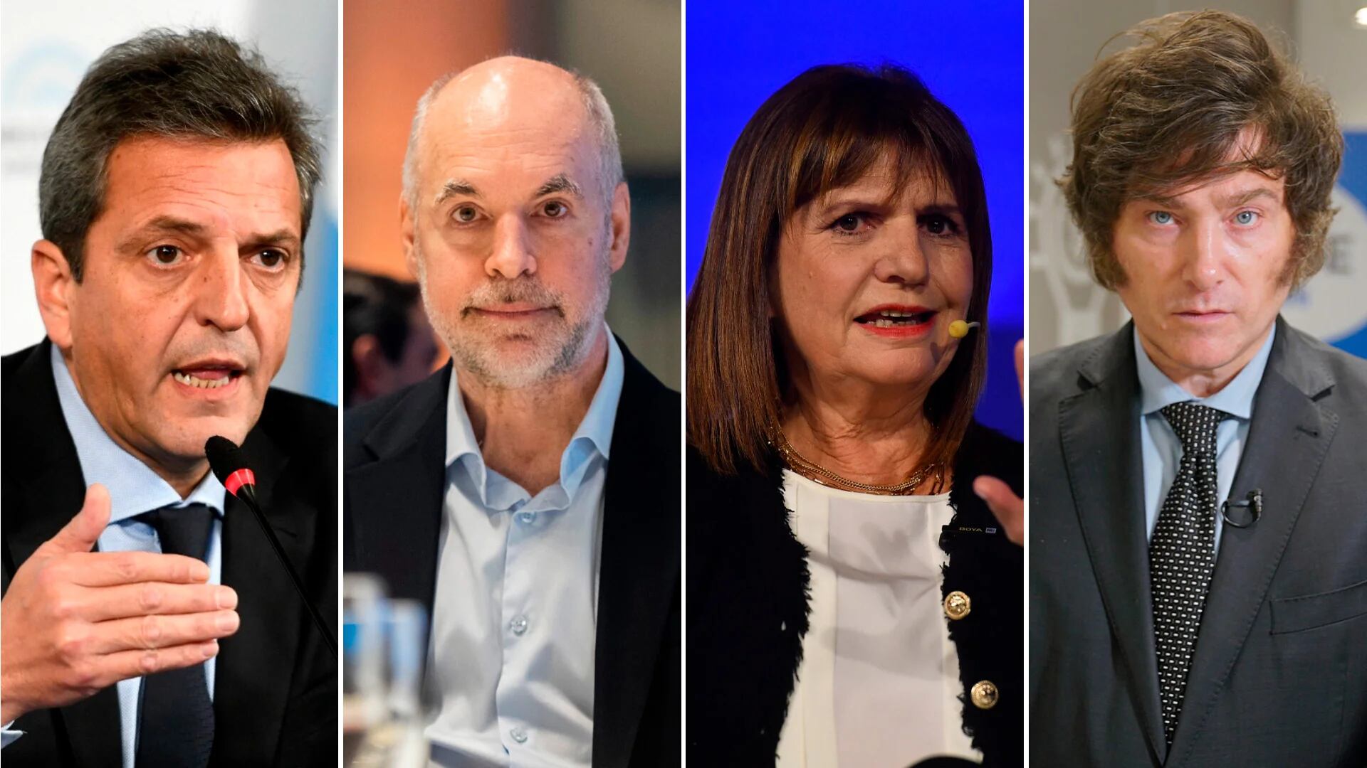 Los precandidatos presidenciales Sergio Massa, Horacio Rodríguez Larreta, Patricia Bullrich y Javier Milei