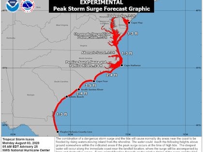 Las zonas potencialmente afectadas por la marejada ciclónica (National Hurricane Center/@NHC_Atlantic)