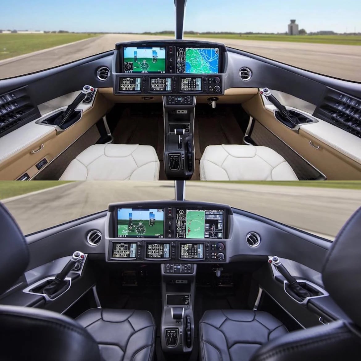 Gracias a su construcción en fibra de carbono el Cirrus ofrece grandes ventanas y un cockpit panorámico que brinda una excelente visibilidad. El comprador puede elegir entre una variedad de tonos de cueros para cubrir las butacas