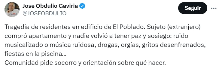 José Obdulio Gaviria denunció la situación a través de redes sociales - crédito @JOSEOBDULIO/X