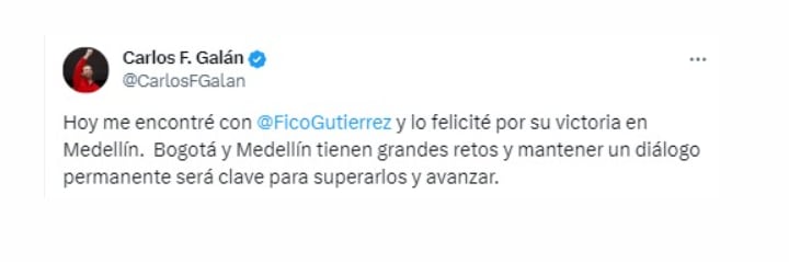 El alcalde electo de Bogotá, Carlos Fernando Galán, se encontró con su homólogo de Medellín, Federico Gutiérrez, en donde se mostraron contentos de reunirse - crédito @CarlosFGalan/X