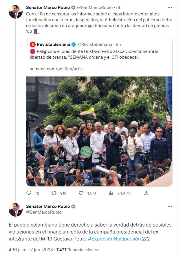 El senador republicano hizo un llamado para que Colombia sepa la verdad de las investigaciones sobre supuestas irregularidades en la campaña del ahora presidente de la República.
Twitter (@SenMarcoRubio)