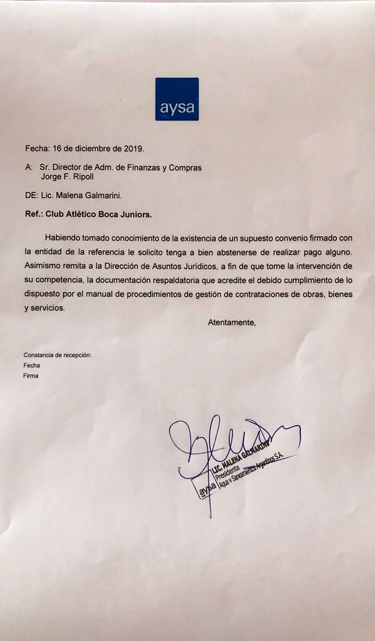 El pedido de la titular de AYSA, Malena Galmarini, le hizo al director de Finanzas y Compras de la empresa para que deje sin efecto el convenio