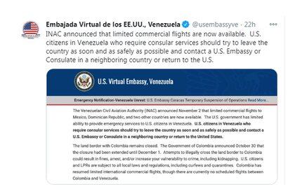 El tuit de la Embajada de EEUU en Venezuela