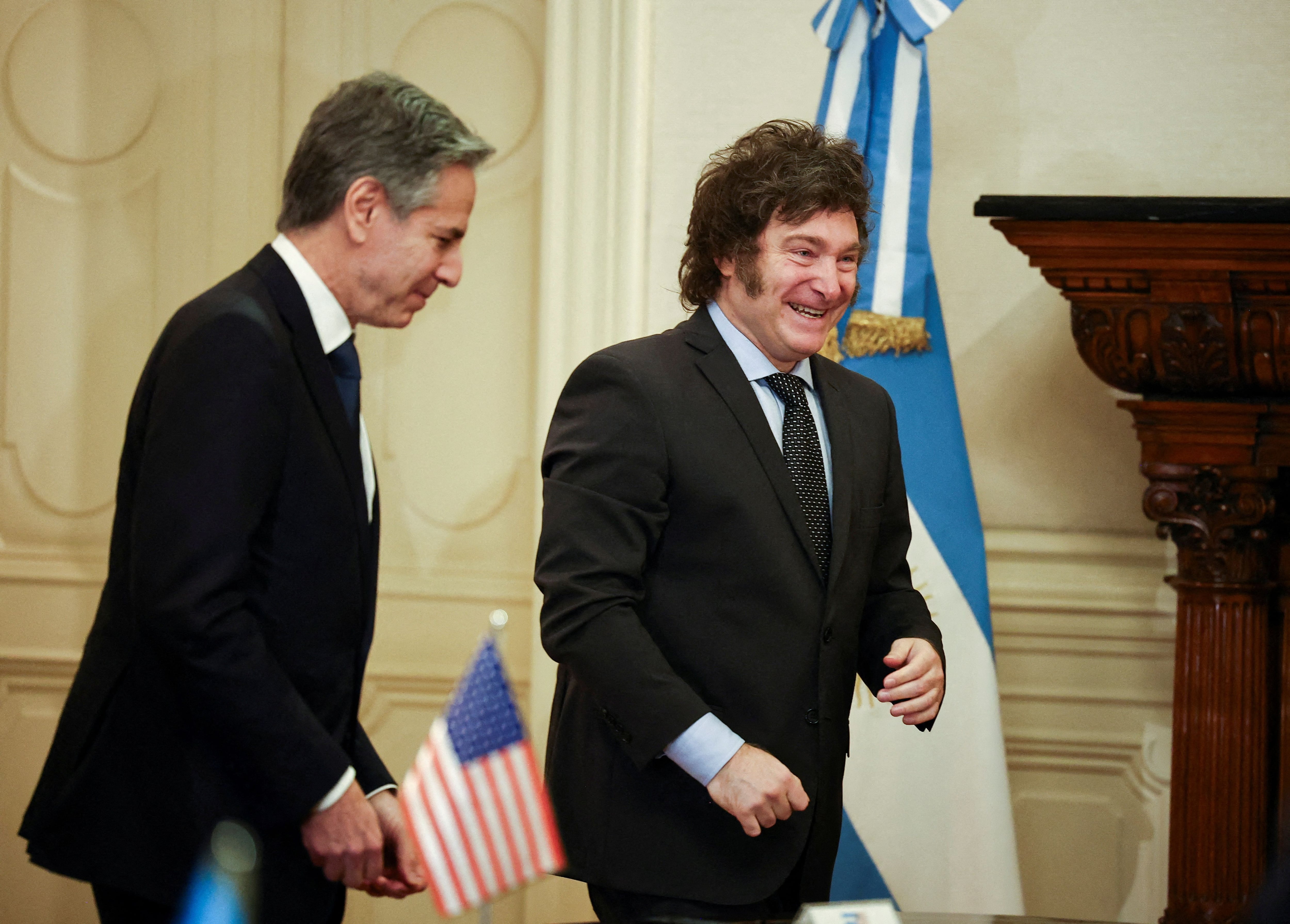Javier Milei y Antony Blinken durante su encuentro oficial en la Casa Rosada
