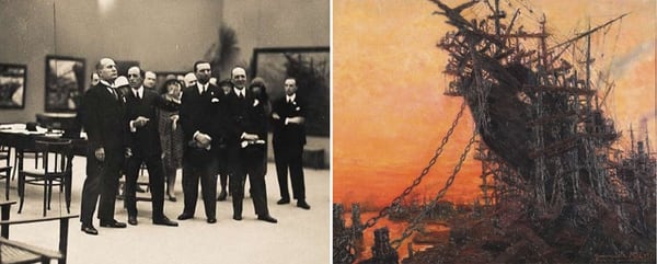 Mussolini dialoga con Quinquela Martín en la muestra en Roma. A la derecha, Crepúsculo, la obra que Il Duce quiso, pero no pudo comprar 