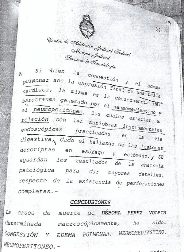 Parte de las conclusiones de la autopsia realizada al cadáver de Pérez Volpin
