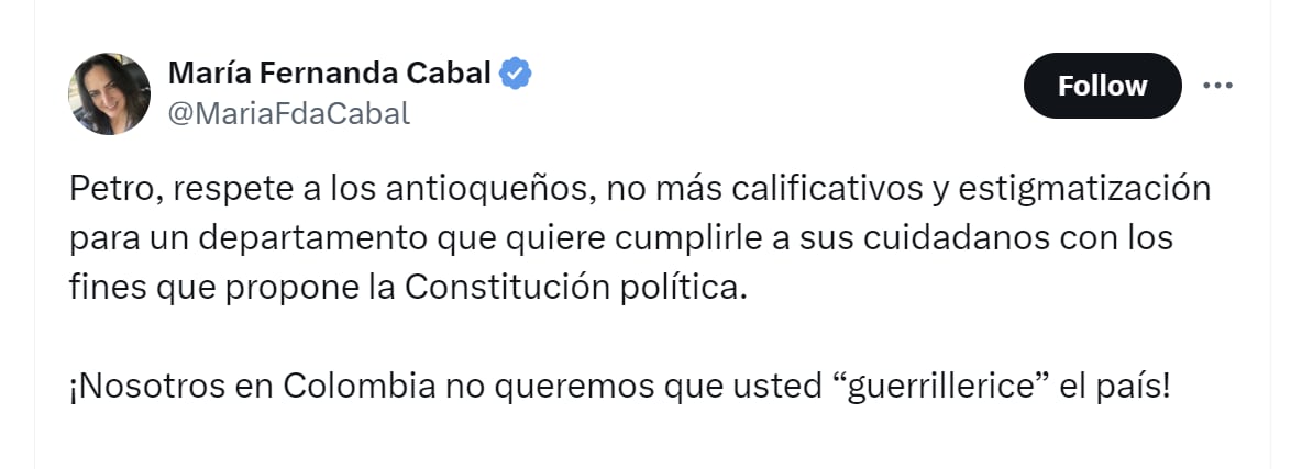 María Fernanda Cabal pidió al presidente Gustavo Petro que "respete a los antioqueños" - crédito @MariaFdaCabalX