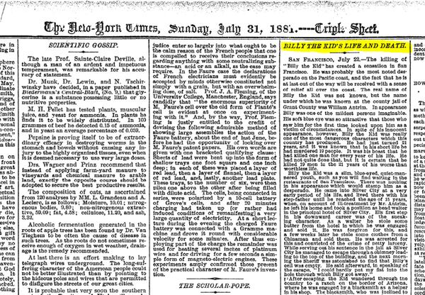 La crónica sobre “La vida y la muerte de Billy the Kid” que publicó The New York Times el 31 de julio de 1881, unos días después de su muerte