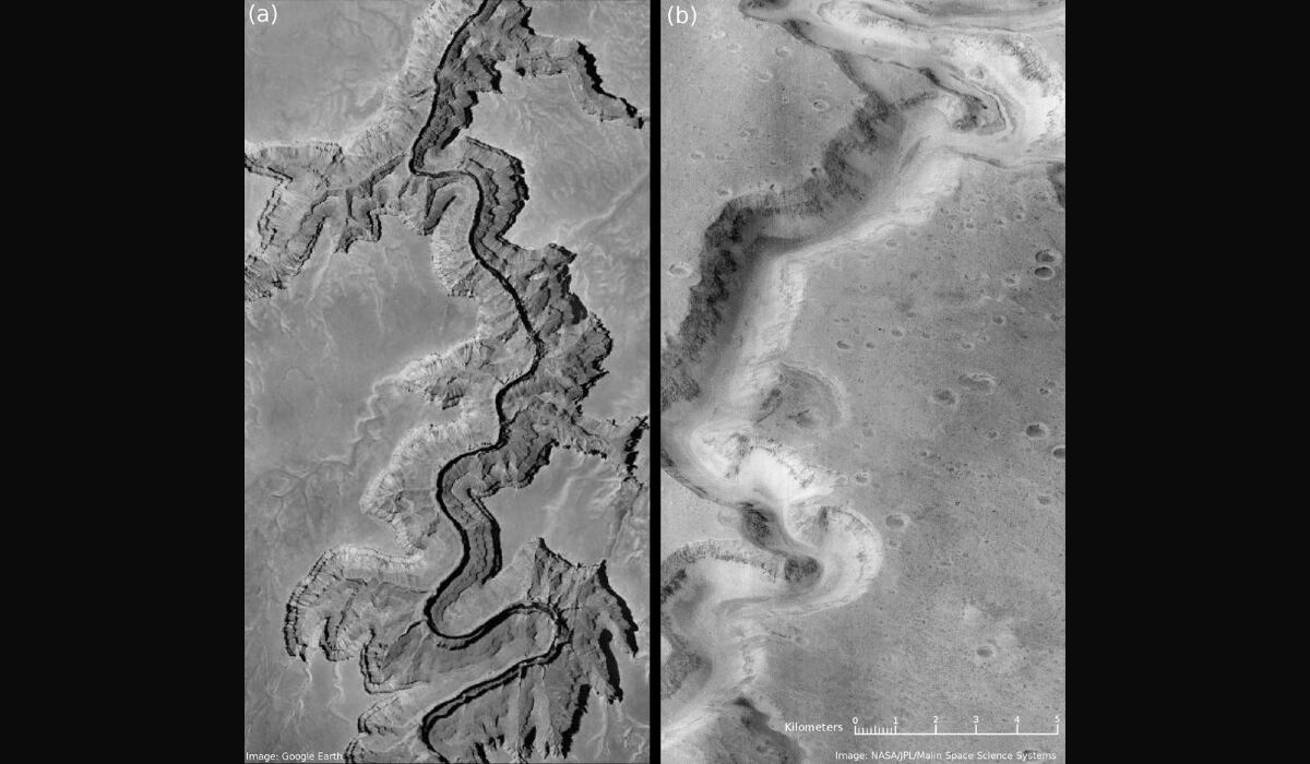 Una comparación del Gran Cañón de Arizona, a la izquierda, con Nanedi Valles de Marte, a la derecha. Las imágenes sugieren que un río atravesó Nanedi Valles al igual que el río Colorado atraviesa el Gran Cañón. (NASA)