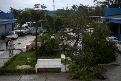 Los turistas toman fotos de árboles caídos después de que el huracán Delta azotara Cancún, Quintana Roo, México el 7 de octubre de 2020 - El huracán Delta se estrelló contra la costa caribeña de México la madrugada del miércoles, cortando árboles y cortando líneas eléctricas e instalando una hilera de grandes balnearios con vientos de hasta 175 kilómetros por hora Foto: (PEDRO PARDO / AFP)