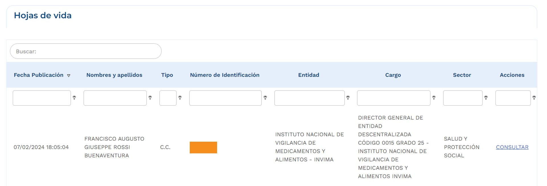 La hoja de vida de Francisco Rossi Buenaventura se publicó, el 7 de febrero, en la página de Aspirantes de la Presidencia de la República - crédito aspirantes.presidencia.gov.co/
