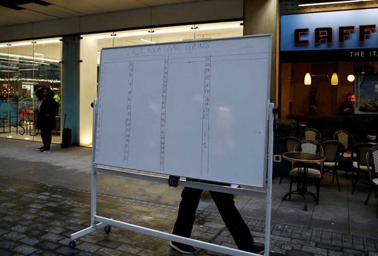 Un trabajador retira una pizarra con notas electorales de la sede del Partido Laborista después de las elecciones generales en Londres (REUTERS/Henry Nicholls)