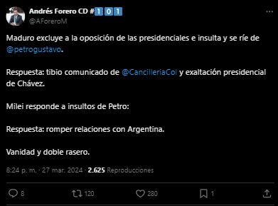Representante Andrés Forero se despachó contra la actitud del Gobierno Petro con Venezuela y Argentina - crédito @AforeroM