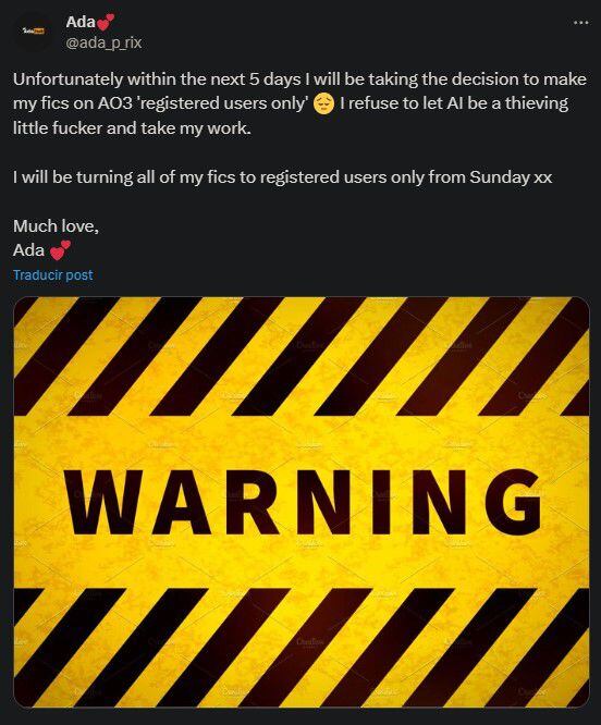La escritora de fanfics eróticos "Ada_p_rix" indicó que teme que su trabajo sea usado como recursos de entrenamiento para la inteligencia artificial. (Captura)