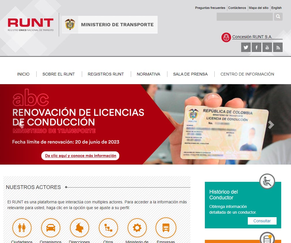 Página del RUNT: renovación de licencias de conducción.