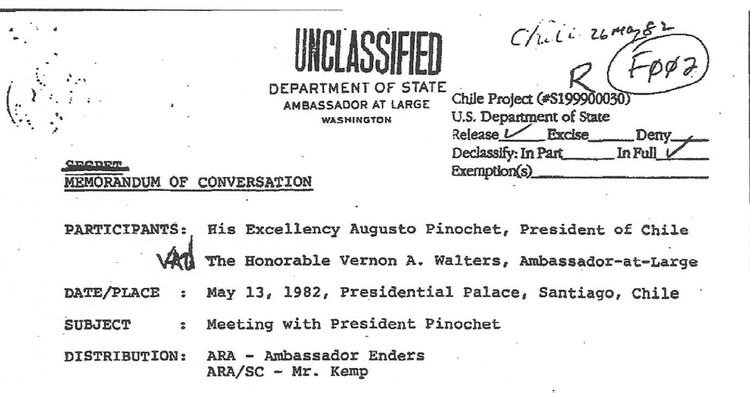Encabezado del informe de Vernon Walters sobre su encuentro con Augusto Pinochet
