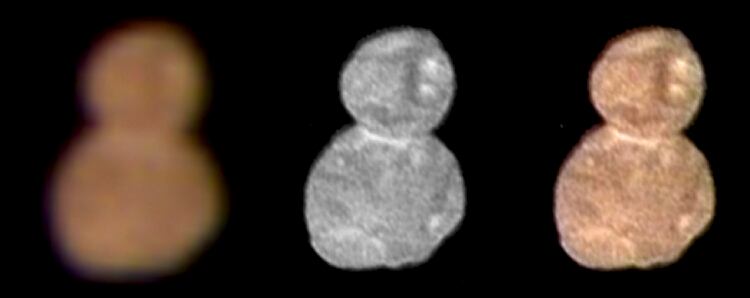 Esta imagen proveÃ­da por la NASA el miÃ©rcoles, 2 de enero del 2019, muestra fotos con diferennte informaciÃ³n sobre color y detalles y una imagen compuesta de las dos, muestra Ultima Thule, un diminuto objeto espacial 1.600 millones de kilÃ³metros (1.000 millones de millas) mÃ¡s allÃ¡ de PlutÃ³n. (NASA vÃ­a AP)