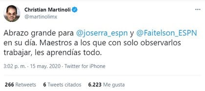 Se desconocía que Martinoli considerara a Faitelson como un profesor, aunque ambos cruzaron camino en Azteca Deportes bajo la dirección de Fernández,(Foto: captura pantalla Twitter/@martinolimx)