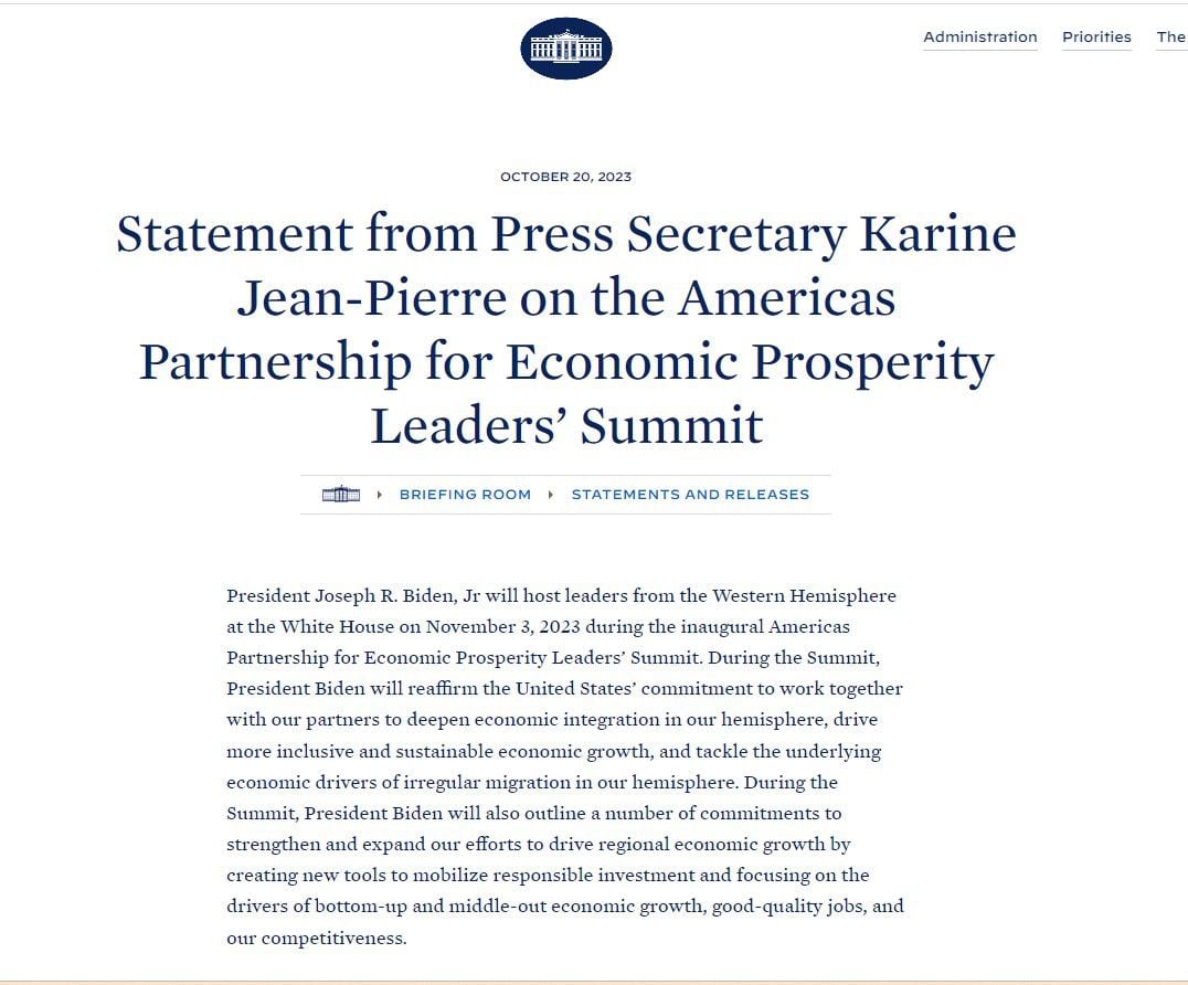 Con este comunicado se anunció que el presidente Biden presidirá la sesión inaugural de la Cumbre de la Asociación de las Américas para Prosperidad Económica el 3 de noviembre de 2023 - crédito whitehouse.gov