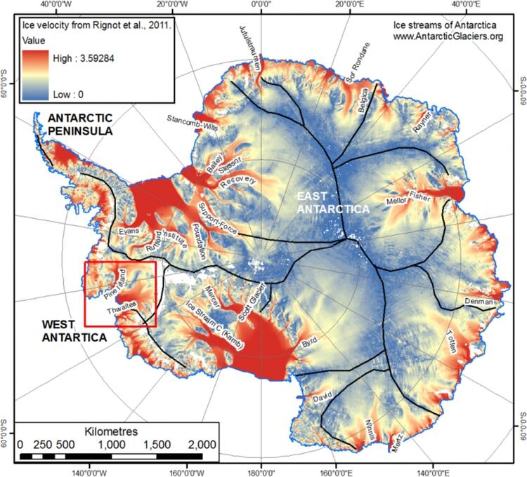 Corrientes de hielo de la Antártida con el glaciar Pine Island y el glaciar Thwaites resaltados (Foto: AntarcticGlaciers.org)