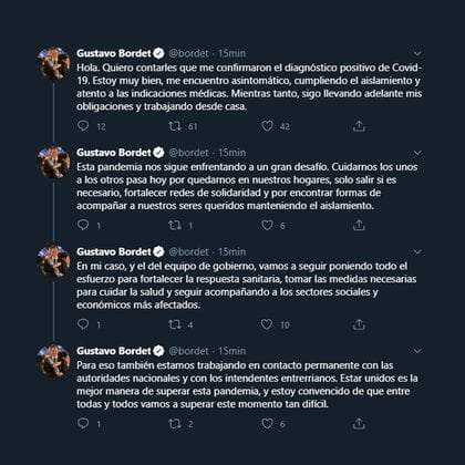 El gobernador de la provincia de Entre Ríos, Gustavo Bordet, contó que tiene coronavirus. Lo hizo esta tarde a través de sus redes sociales y explicó que era asintomático (Twitter: @bordet)