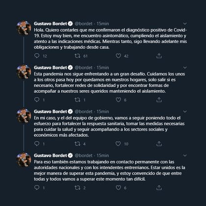 El Gobernador de la provincia de Entre Ríos, Gustavo Bordet, contó que tiene coronavirus. Lo hizo esta tarde a través de sus redes sociales y explicó que era asintomático (Twitter: @bordet)