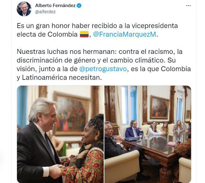 Alberto Fernández cuando recibió a la vicepresidenta electa de Colombia