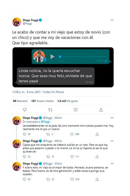 El hilo que Diego Poggi escribió en Twitter después de contarle a su padre que tiene novio (Foto: Twitter @Poggi)