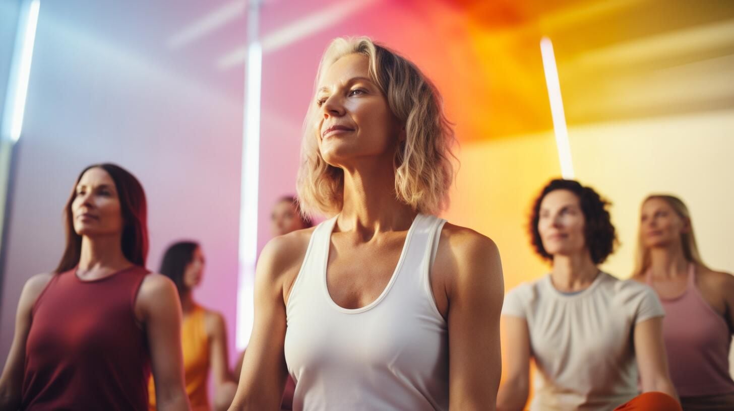 Imagen representativa de mujeres participando en una sesión de yoga en un entorno inspirador y colorido. La práctica incluye meditación, relajación y ejercicios diseñados para mejorar la salud y promover la longevidad. (Imagen ilustrativa Infobae)
