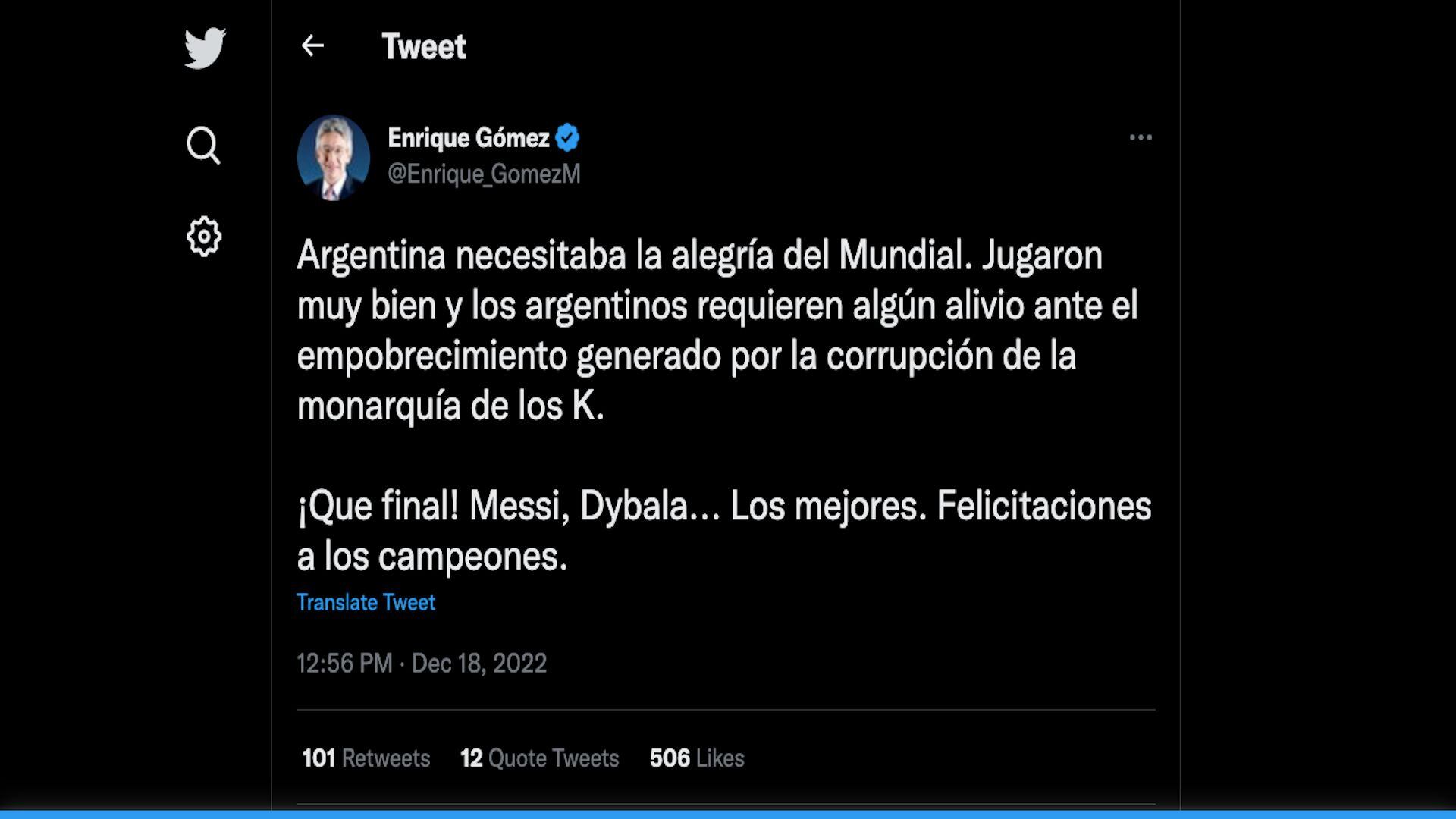 Enrique Gómez felicitando a Argentina tras la consecución del campeonato del Mundo de la Fifa en Qatar / (Twitter: @Enrique_GomezM)