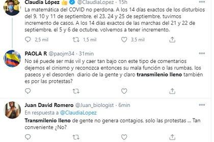 La alcaldesa de BogotÃ¡ argumentÃ³ que aumento de contagios por covid-19 fue producto de protestas sociales en septiembre; la ciudadanÃ­a, dice que en buena medida se debe a aglomeraciones en el transporte pÃºblico. (Captura de pantalla Twitter).