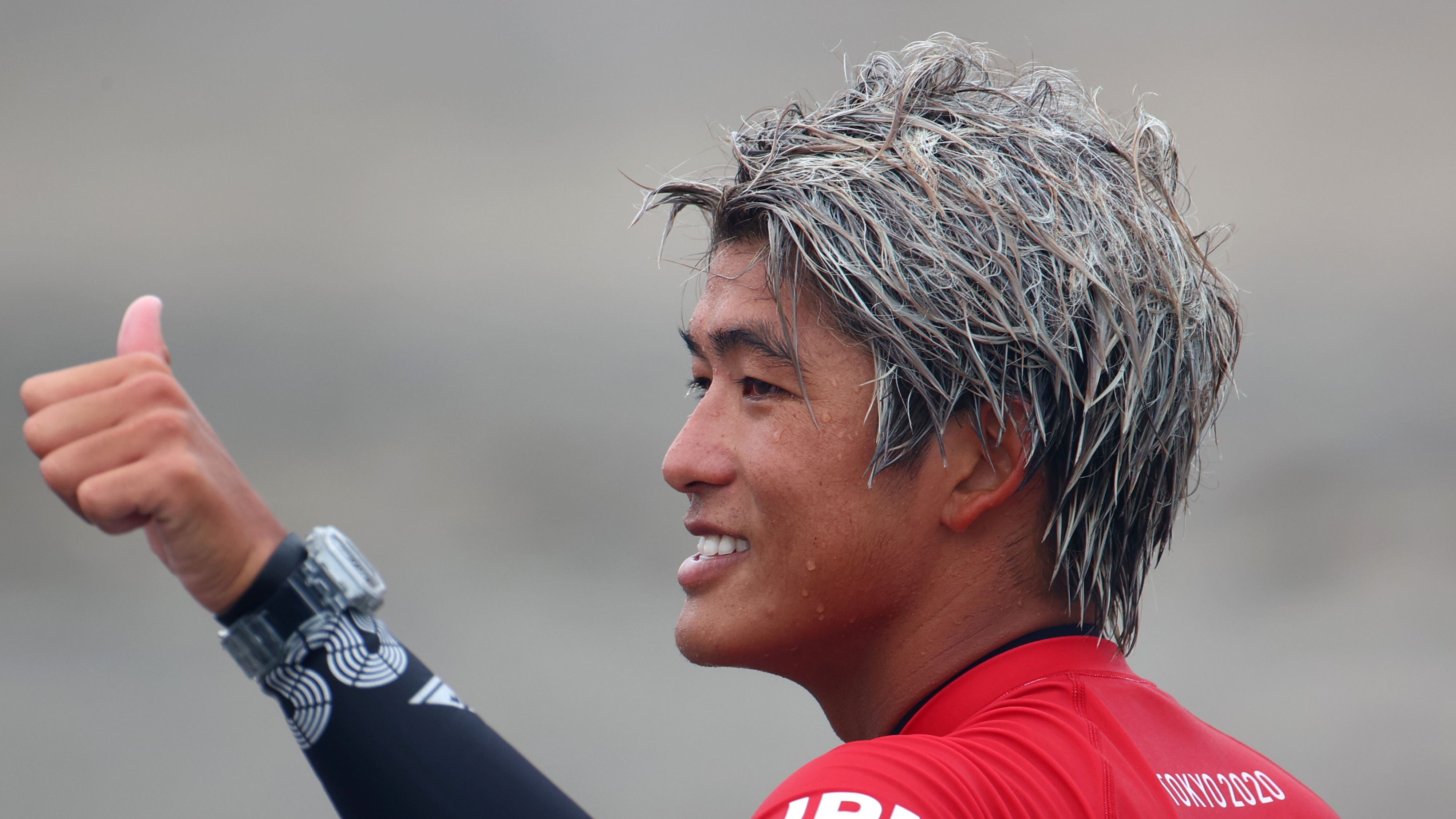 Tokyo 2020 Olympics - Surfing - Men's Shortboard - Round 3 - Tsurigasaki Surfing Beach, Tokyo, Japan - July 26, 2021. Kanoa Igarashi of Japan reacts during Heat 1 REUTERS/Lisi Niesner
