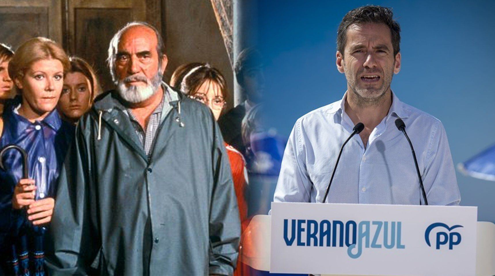 A la izquierda, la serie 'Verano Azul'; a la derecha, Borja Sémper durante un acto de precampaña del PP.
