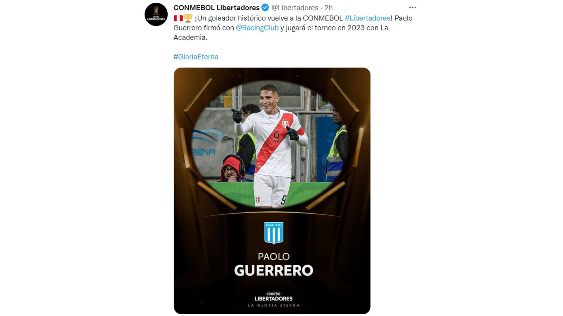 Publicación de Conmebol tras fichaje de Paolo Guerrero a Racing Club y regreso a la Copa Libertadores.