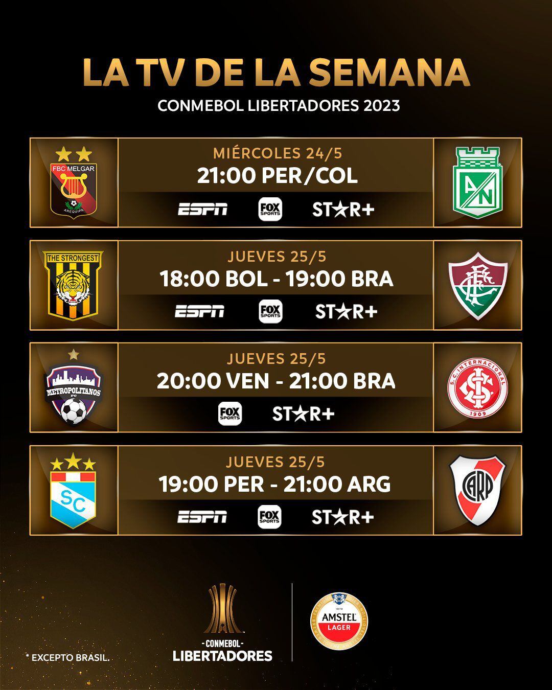 Canales que transmitirán el partido entre Melgar y Atlético Nacional por fecha 4 de la Copa Libertadores. (Conmebol)