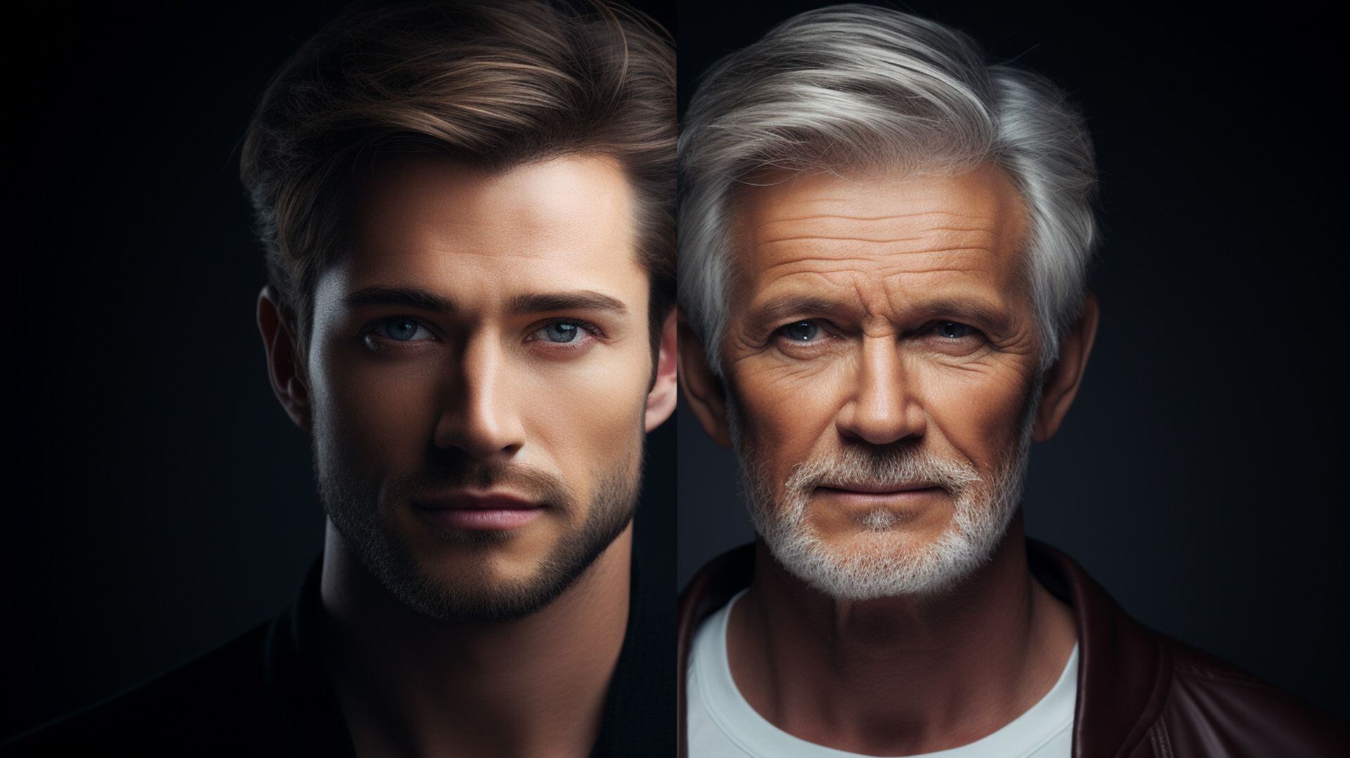 Primer plano de rostros, uno con signos visibles de envejecimiento y otro notablemente más joven, destacando el contraste y la eficacia de los tratamientos anti-envejecimiento.