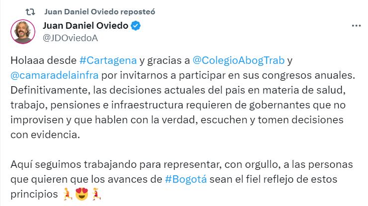 Juan Daniel Oviedo sigue trabajando para pagar deudas que le dejó la campaña - crédito @JDOviedoA/X