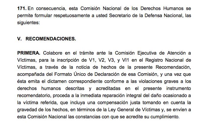 Extracto de la recomendación de la CNDH sobre el caso de Ana Georgina, en la que confirman que fue torturada por elementos de la Sedena