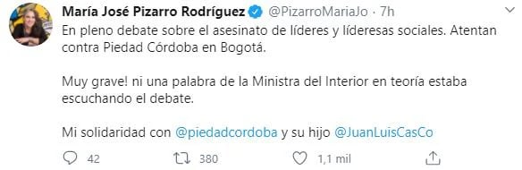 María José Pizarro se pronuncia por el atentado contra escoltas de Piedad Córdoba