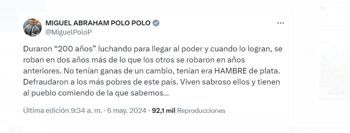El representante Miguel Polo Polo atacó al Gobierno del Cambio luego de que se conociera todo un entramado de corrupción en la Ungrd - crédito @MiguelPoloP/X