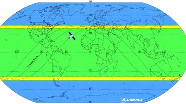 Los cálculos de la ESA. En amarillo, la franja con mayor probabilidad de que caigan los restos espaciales. La zona verde es poco probable. Y la azul no corre riesgo