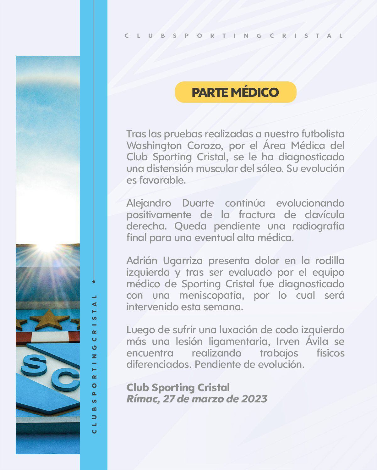 Parte médico de los jugadores de Sporting Cristal.