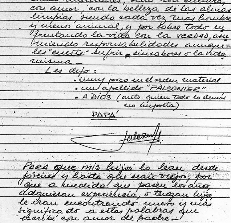 Fragmento de la carta del entonces Mayor Juan José Falconier, donde se palpa que 
