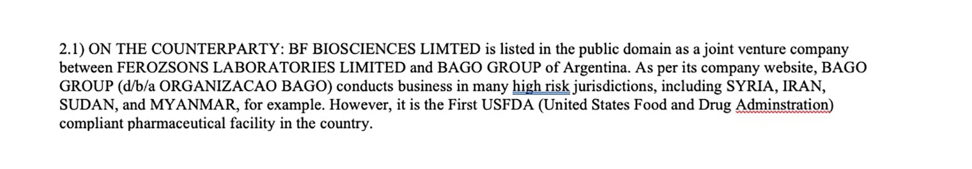 El SAR de la FinCEN donde aparece menciona el laboratorio argentino Bagó por su operatoria en Pakistán.
