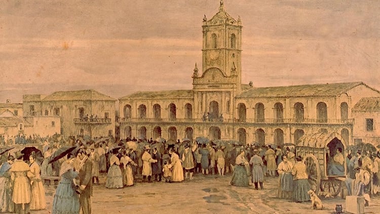 Recreación del 25 de mayo de 1810, y el pueblo expectante a la espera de noticias.
