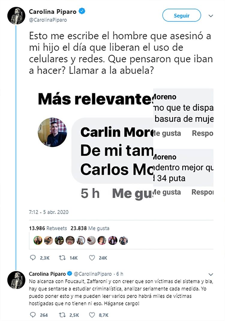 Captura del tuit de Piparo con los mensajes de Carlin Moreno amenazandola
